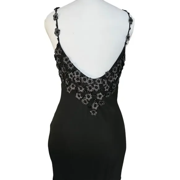 Sue Wong Black Silk Beaded Asymmetrical Evening Midi Dress Y2K Cocktail S/M